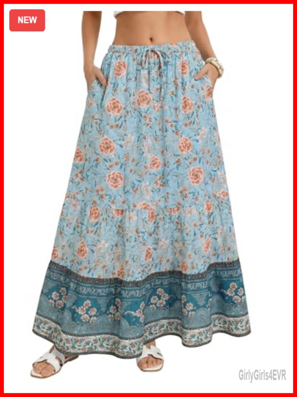 Kate K A-Line Floral Tiered Maxi Skirt Pockets